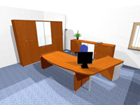 Broeinrichtung mit halbrunder Schreibtischanlage mit Container